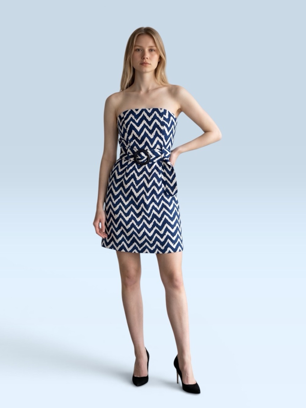 MILLY of New York Strapless Chevron Tweed Pencil Dress. Indigo Blue and White - Picture 15 of 15
